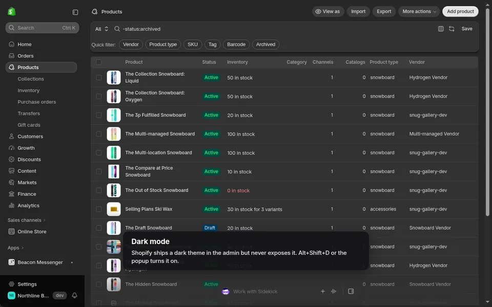 Shopify Admin Power-Up: the Shopify admin product list in dark mode with Vendor and Product type columns and quick filter chips