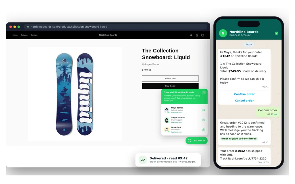 Beacon Messenger: a WhatsApp chat panel with three agents on a Shopify product page, next to a phone showing an order confirmation and shipping update